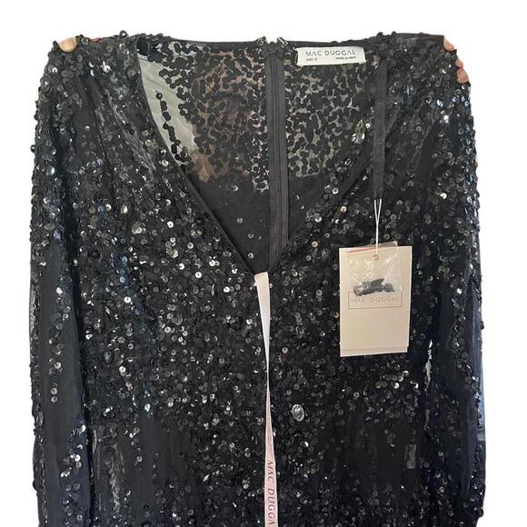 Mac Duggal Black Sequin Mesh Sheer Mini Dress Long Sleeve V Neck Party Sz 12 - Picture 2 of 8